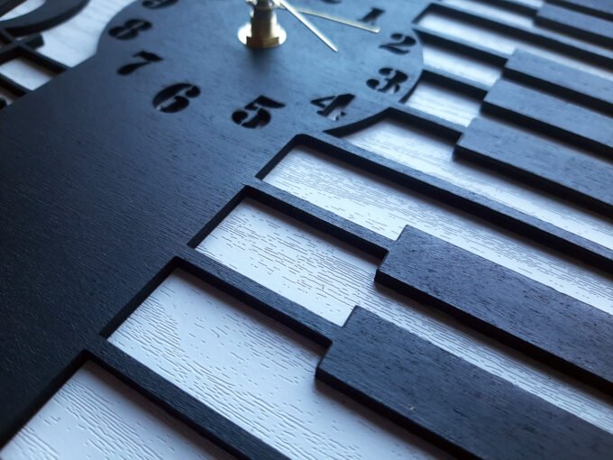 Close up of piano keys on music themed wall clock