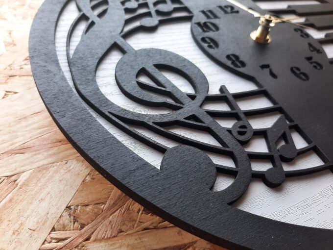 Close up of treble clef motif on piano wall clock