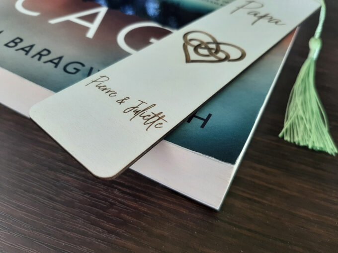 Personalised bookmark with Celtic heart design on book