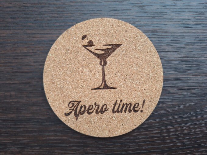 Drink coaster beer mat with the text Apero Time engraved