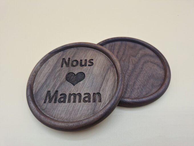 Walnut colour wooden drink coasters with text engraving