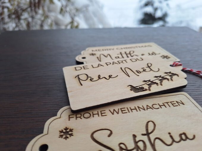 Personalised Christmas name tags in different languages