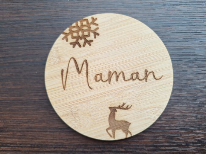 Bamboo wood coaster with the word Maman laser engraved