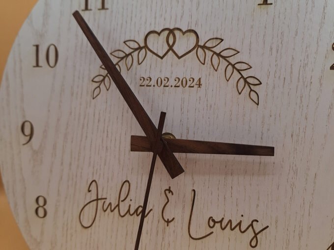 Engraved text on wooden clock