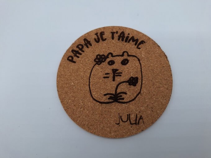 Cork drink coaster with child's name & drawing