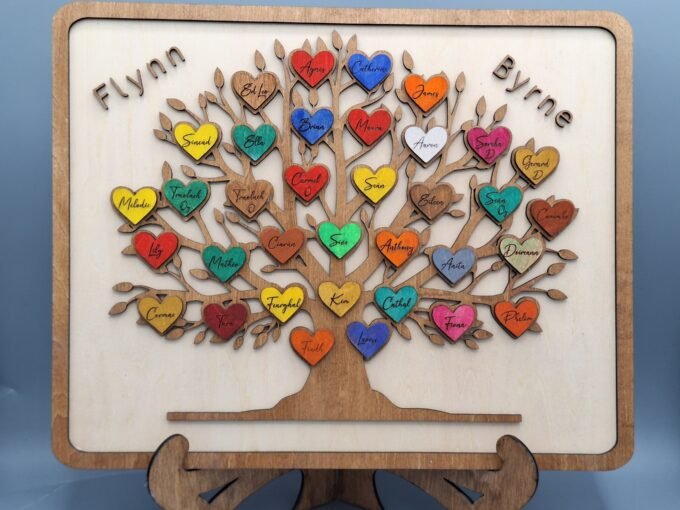 Personalised family tree with heart shaped name decorations